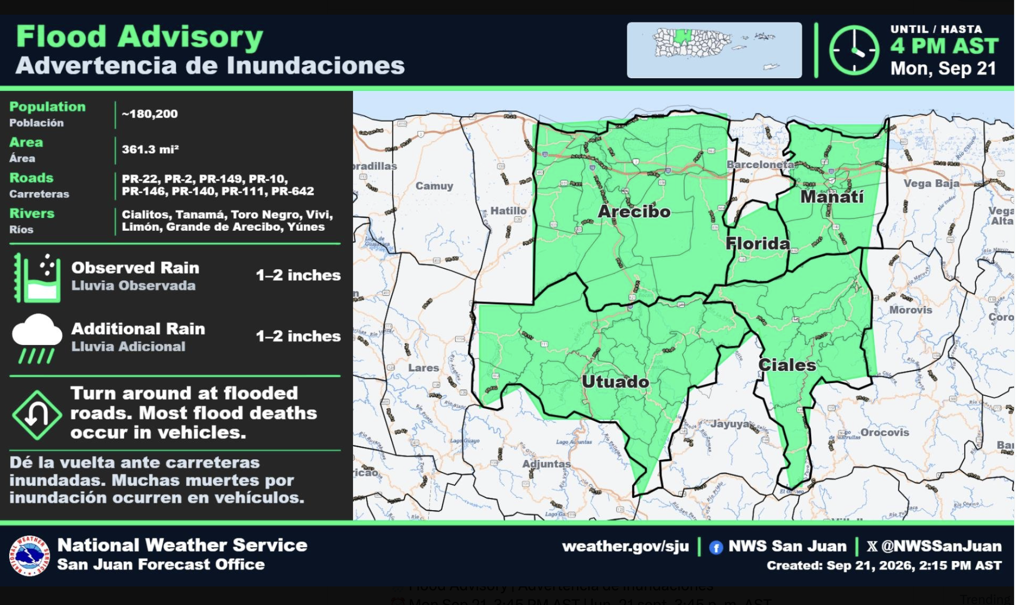 Emiten advertencia de inundaciones para 14 municipios